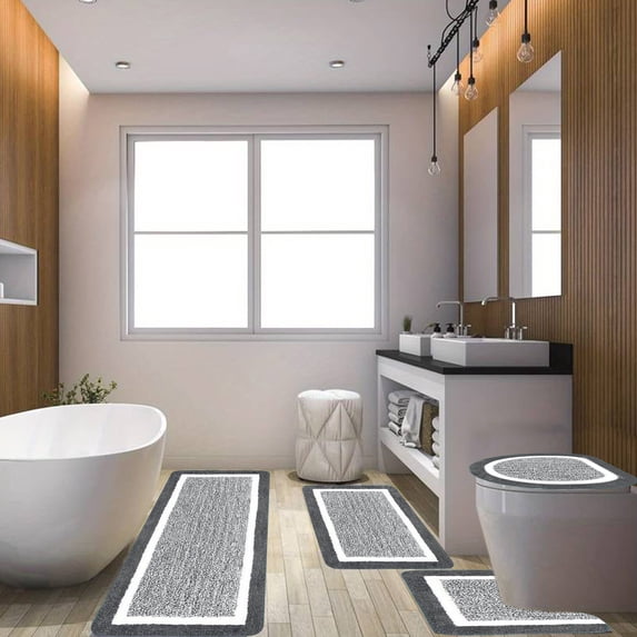 4-Piece Bathroom Rug Set with Toilet Lid Cover | U-Shaped Non-Slip Toilet Mat, Absorbent Microfiber Plush Bath Mats, Washable Shower Rugs for Bathroom Floor, 40*80cm 40*60cm 38*42cm 40*50cm