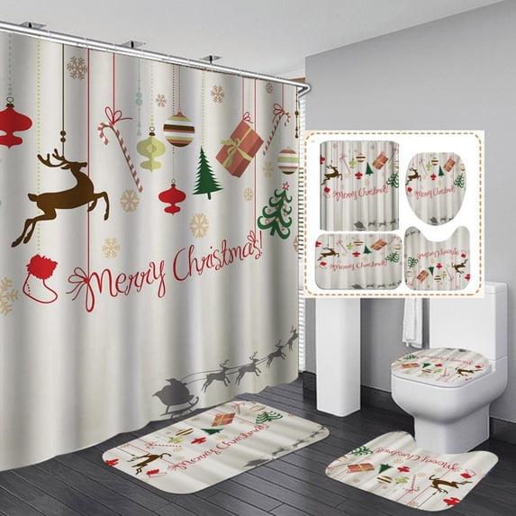 4 Piece Bathroom Set, Christmas Printed Shower Curtain and Bath Mat Set with Non-Slip Rug, Toilet Lid Cover Modern Waterproof Shower Curtain Set