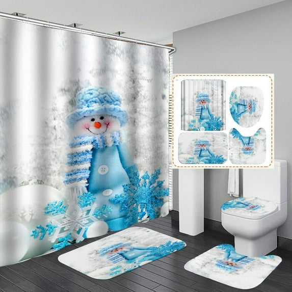 4 Piece Bathroom Set, Christmas Printed Shower Curtain and Bath Mat Set with Non-Slip Rug, Toilet Lid Cover Modern Waterproof Shower Curtain Set