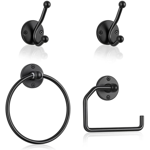 4 Piece Bathroom Set, Stainless Steel Towel Ring, Toilet Paper Holder, Black