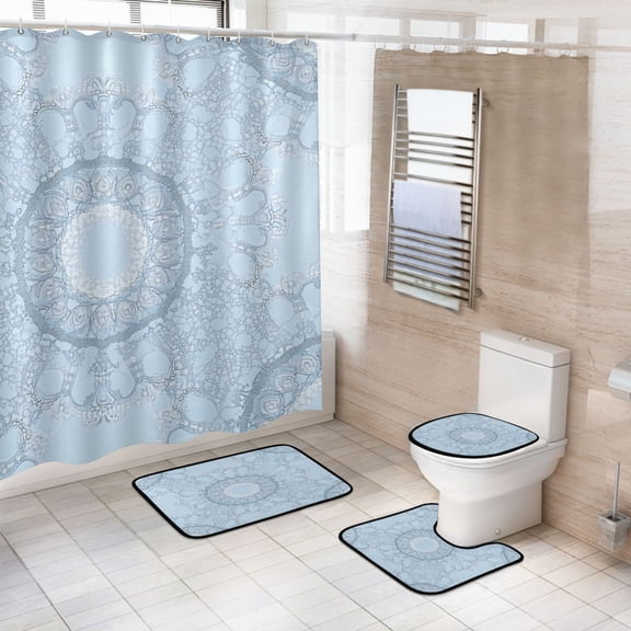 4-Piece Bathroom Set with Waterproof Shower Curtain with Non-Slip Bath Mat, U-Shaped Mat & Toilet Lid Cover A Light Blue Pattern