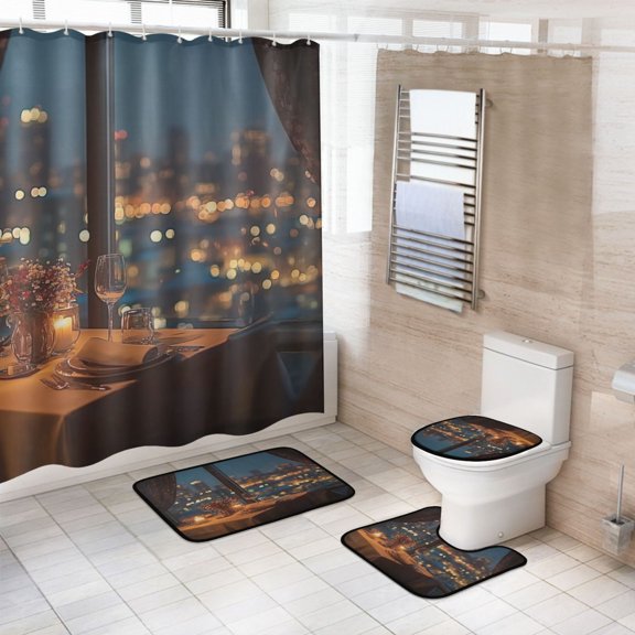 4-Piece Bathroom Set with Waterproof Shower Curtain with Non-Slip Bath Mat, U-Shaped Mat & Toilet Lid Cover A Romantic Dinner