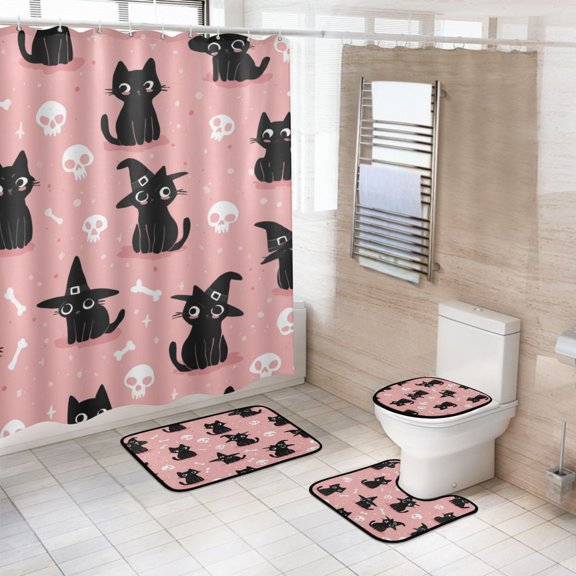 4-Piece Bathroom Set with Waterproof Shower Curtain with Non-Slip Bath Mat, U-Shaped Mat & Toilet Lid Cover Black Cat Wearing A Witch Hat