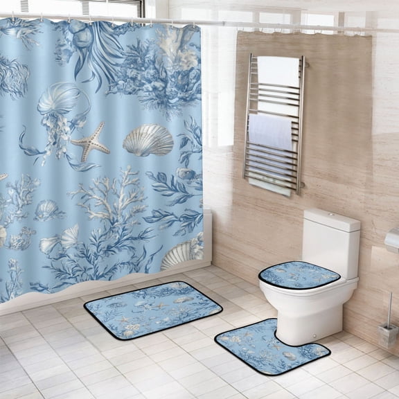 4-Piece Bathroom Set with Waterproof Shower Curtain with Non-Slip Bath Mat, U-Shaped Mat & Toilet Lid Cover Blue Oceanic Scene