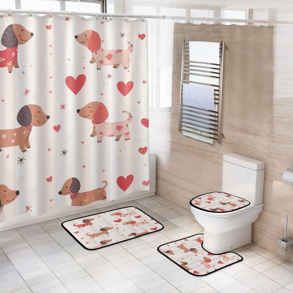 4-Piece Bathroom Set with Waterproof Shower Curtain with Non-Slip Bath Mat, U-Shaped Mat & Toilet Lid Cover Cute Dachshunds