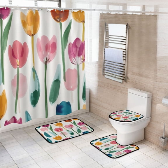 4-Piece Bathroom Set with Waterproof Shower Curtain with Non-Slip Bath Mat, U-Shaped Mat & Toilet Lid Cover Cute Watercolor Tulips
