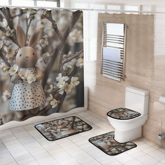 4-Piece Bathroom Set with Waterproof Shower Curtain with Non-Slip Bath Mat, U-Shaped Mat & Toilet Lid Cover Easter Bunny Wooden Figurine