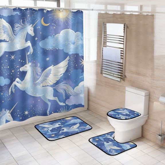 4-Piece Bathroom Set with Waterproof Shower Curtain with Non-Slip Bath Mat, U-Shaped Mat & Toilet Lid Cover Enchanting Unicorn Pattern