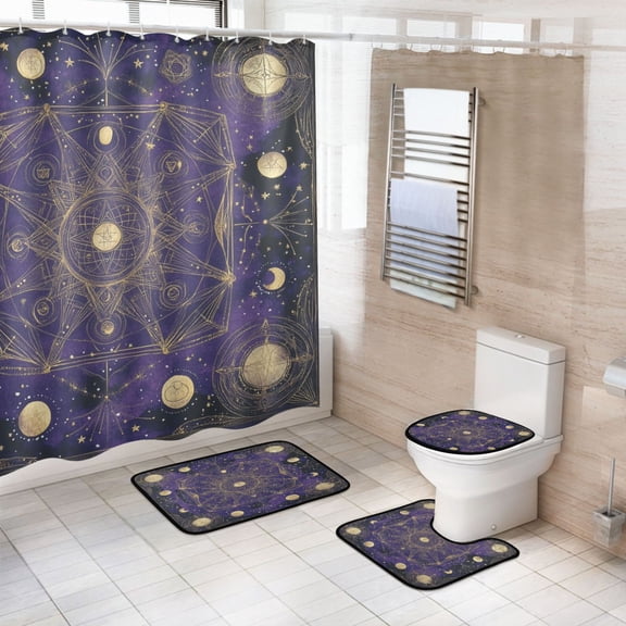 4-Piece Bathroom Set with Waterproof Shower Curtain with Non-Slip Bath Mat, U-Shaped Mat & Toilet Lid Cover Gold Celestial Pattern