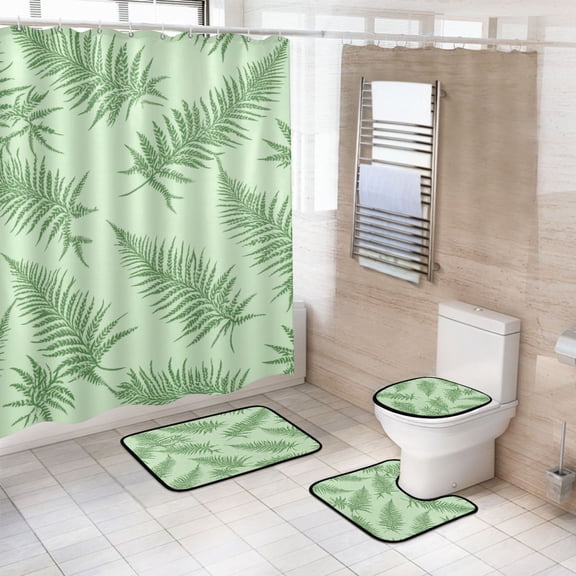 4-Piece Bathroom Set with Waterproof Shower Curtain with Non-Slip Bath Mat, U-Shaped Mat & Toilet Lid Cover Green Fern Leaves Pattern