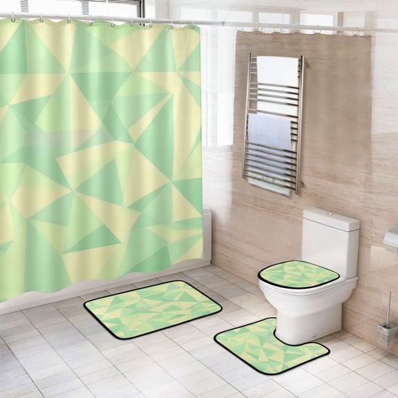 4-Piece Bathroom Set with Waterproof Shower Curtain with Non-Slip Bath Mat, U-Shaped Mat & Toilet Lid Cover Light Green Triangles