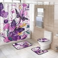 thumbnail image 1 of 4-Piece Bathroom Set with Waterproof Shower Curtain with Non-Slip Bath Mat, U-Shaped Mat & Toilet Lid Cover Purple Butterfly, 1 of 8