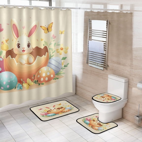 4-Piece Bathroom Set with Waterproof Shower Curtain with Non-Slip Bath Mat, U-Shaped Mat & Toilet Lid Cover Rabbits in Eggshells