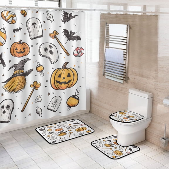 4-Piece Bathroom Set with Waterproof Shower Curtain with Non-Slip Bath Mat, U-Shaped Mat & Toilet Lid Cover Vector Illustration Of Halloween