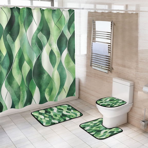 4-Piece Bathroom Set with Waterproof Shower Curtain with Non-Slip Bath Mat, U-Shaped Mat & Toilet Lid Cover Watercolor Green Wavy Lines