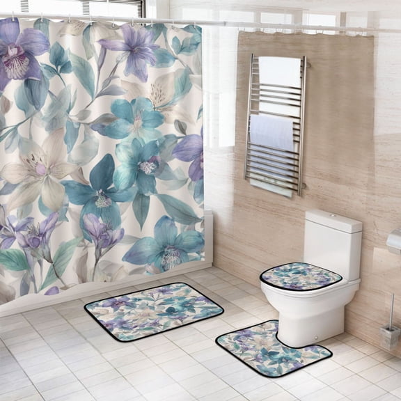 4-Piece Bathroom Set with Waterproof Shower Curtain with Non-Slip Bath Mat, U-Shaped Mat & Toilet Lid Cover Watercolor Orchids and Lilies