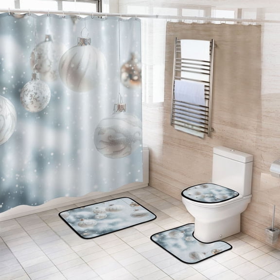 4-Piece Bathroom Set with Waterproof Shower Curtain with Non-Slip Bath Mat, U-Shaped Mat & Toilet Lid Cover White and Silver Christmas Tree