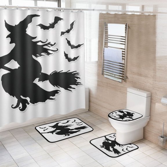4-Piece Bathroom Set with Waterproof Shower Curtain with Non-Slip Bath Mat, U-Shaped Mat & Toilet Lid Cover Witch Silhouette