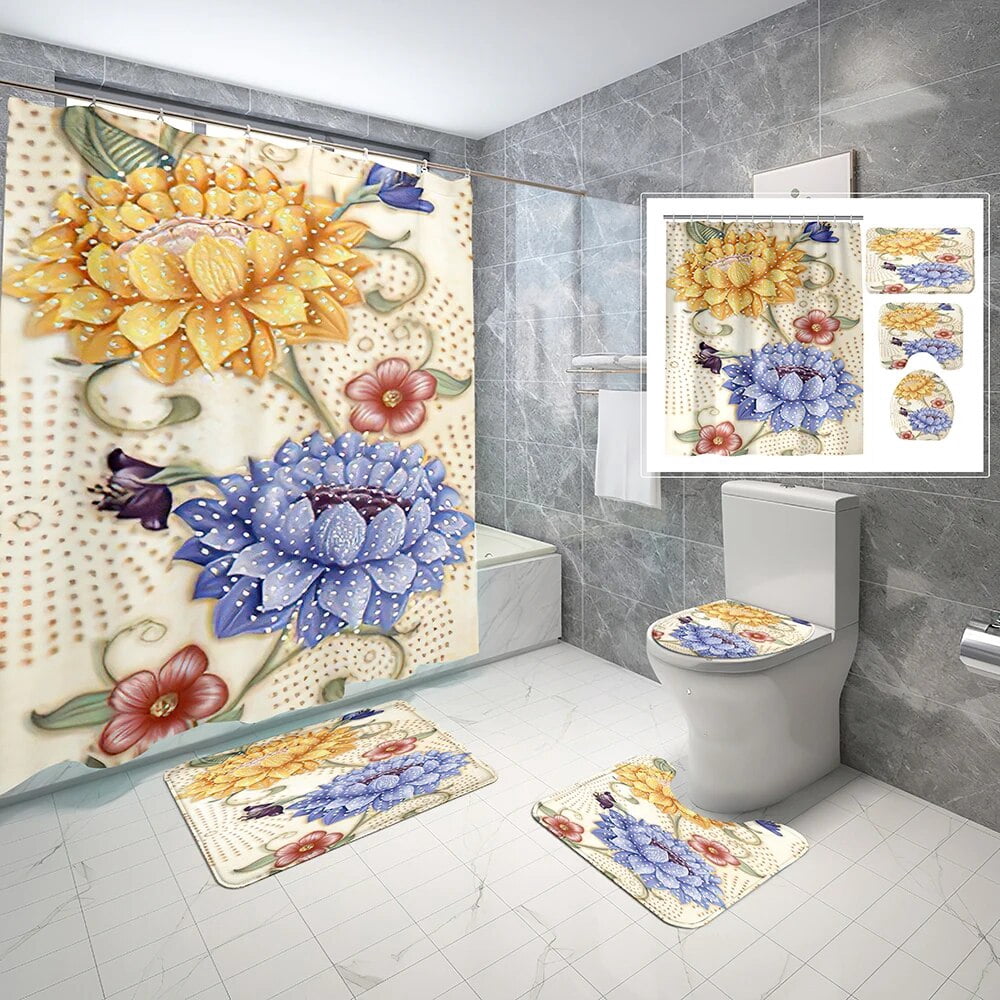 4 Piece Bathroom Sets with Non-Slip Rugs Toilet Lid Cover and Bath Mat ...