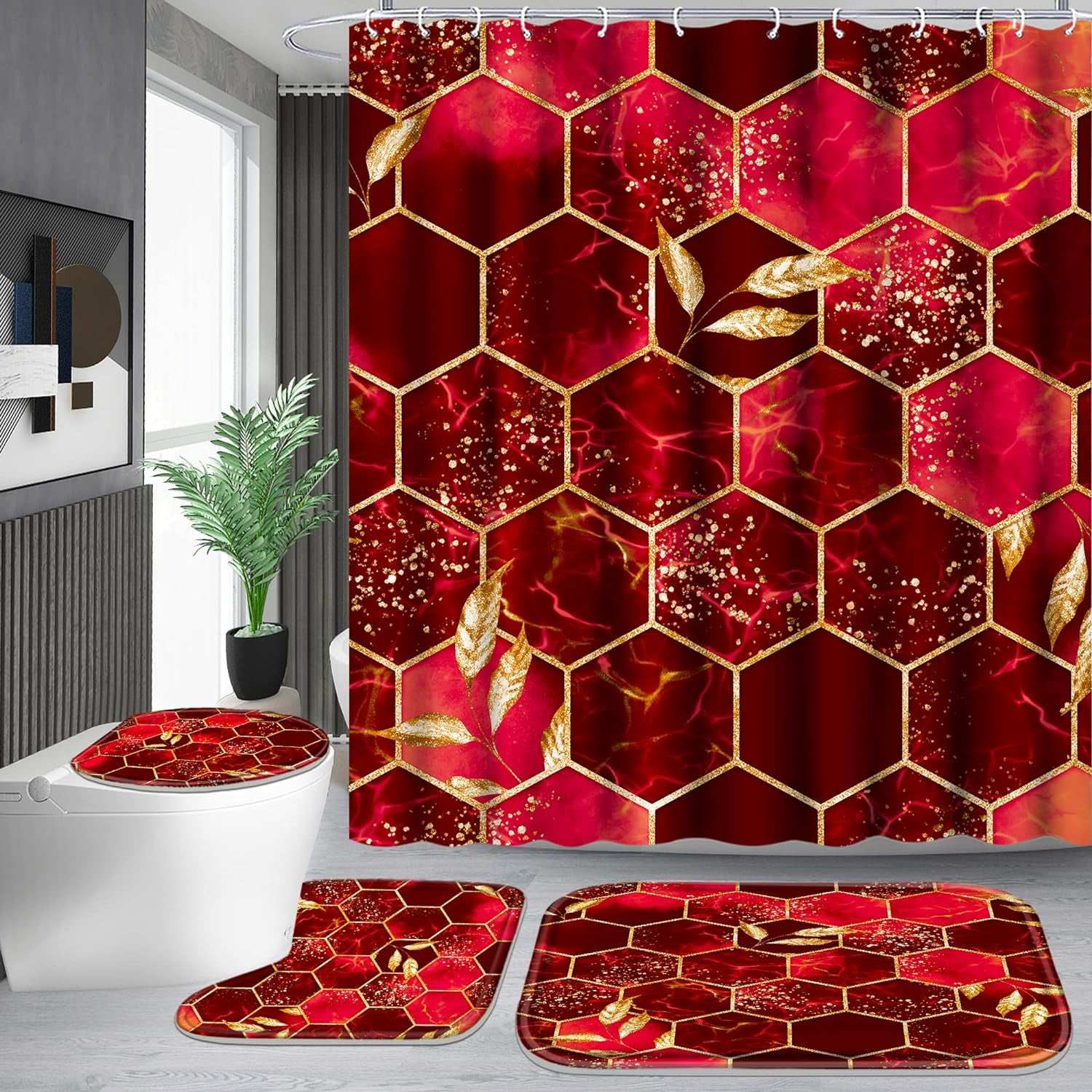 4 Piece Bathroom Shower Curtain Set, Red Honeycomb Marble Bathroom Sets ...