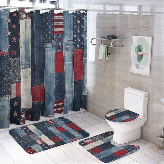 4 Piece Bathroom Shower Curtain Sets Americana Stars And Plaid Patchwork Bathroom Shower Curtain Set with Rugs Memorial Day Independence Day 12 Plastic Hooks for Bathtub Decor 72inch X 72inch