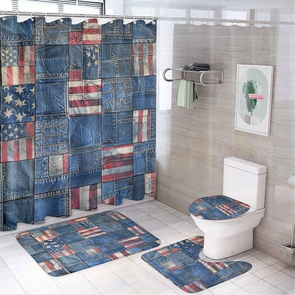 4 Piece Bathroom Shower Curtain Sets Americana Stars And Plaid Patchwork Shower Curtain And Rugs Shower Curtain Set Independence Day Memorial Day Bathroom Accessories Set Decor with 12 Hooks