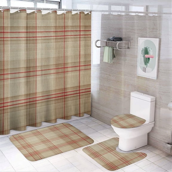 4 Piece Bathroom Shower Curtain Sets Bath Mat U-Shaped Floor Mat Toilet Lid Oval Rug Brown And Beige Checkered Pattern Waterproof Shower Curtain Buffalo Plaid for Bathtub Decor