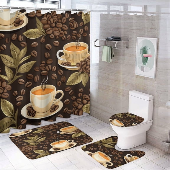 4 Piece Bathroom Shower Curtain Sets Bath Mat U-Shaped Floor Mat Toilet Lid Oval Rug Coffee Cups And Beans Waterproof Shower Curtain Coffee Theme for Bathtub Decor