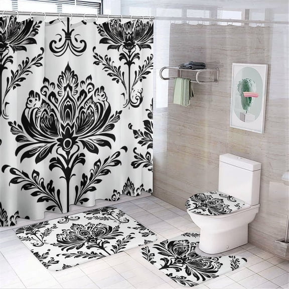 4 Piece Bathroom Shower Curtain Sets Bathroom Sets with Shower Curtain And Rugs 4 Piece Black And White Elegant Damask Design Waterproof Personality Pattern Bath Curtain Damask Floral