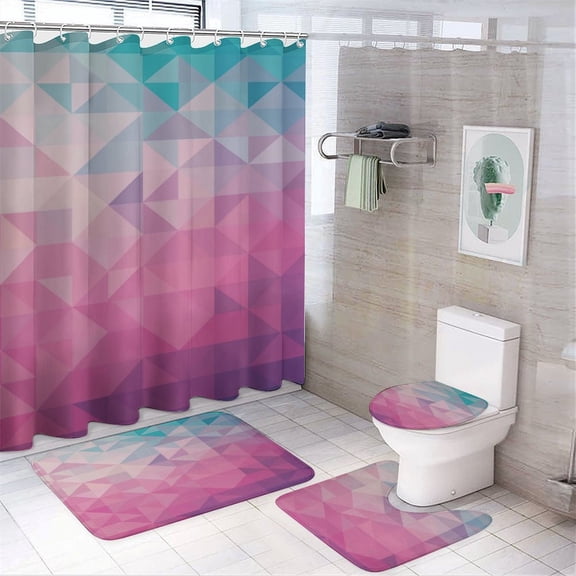 4 Piece Bathroom Shower Curtain Sets Bathroom Sets with Shower Curtain And Rugs 4 Piece Geometric Triangles Pink Teal Waterproof Personality Pattern Bath Curtain Vibrant Triangle Pattern