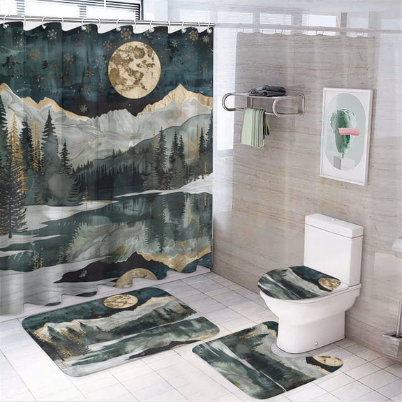 4 Piece Bathroom Shower Curtain Sets Bathroom Shower Curtain Set with Rugs A Serene Mountain Landscape Under The Moonlight Waterproof Personality Pattern Bath Curtain Camp with Mountain