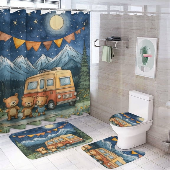 4 Piece Bathroom Shower Curtain Sets Colorful Campers Starry Sky with Non-Slip Rugs Toilet Lid Cover And Bath Mat Camping Theme Bathroom Decor Sets for Bathtub Decor 72inch X 72inch