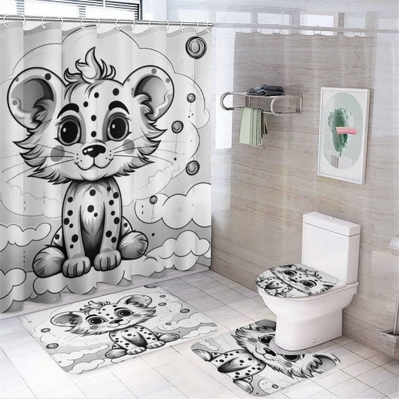 4 Piece Bathroom Shower Curtain Sets Cute Little Lion Sitting In The Clouds Non-Slip Rugs And Toilet Mat Lid Rug Accessories Lion Moon And Stars Baby Gift Shower Curtain with 12 Hooks