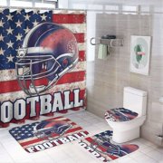 4 Piece Bathroom Shower Curtain Sets Football And Helmet with American Flag with Non-Slip Rugs Toilet Lid Cover And Bath Mat Gift for Football Player Sport Lover Shower Curtain with 12 Hooks