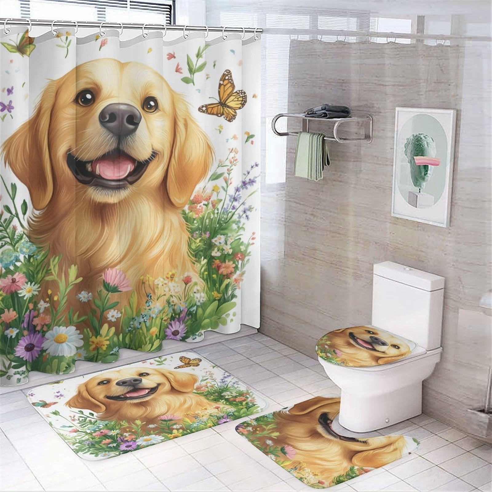 4 Piece Bathroom Shower Curtain Sets Golden Retriever Dog with