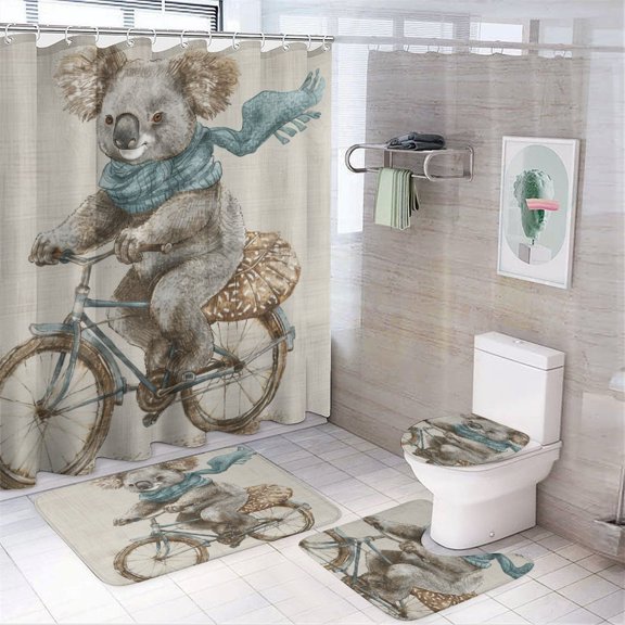 4 Piece Bathroom Shower Curtain Sets Koala Bear Riding On A Bicycle Non-Slip Rugs And Toilet Mat Lid Rug Accessories Koala Lovers 12 Plastic Hooks for Bathtub Decor 72inch X 72inch