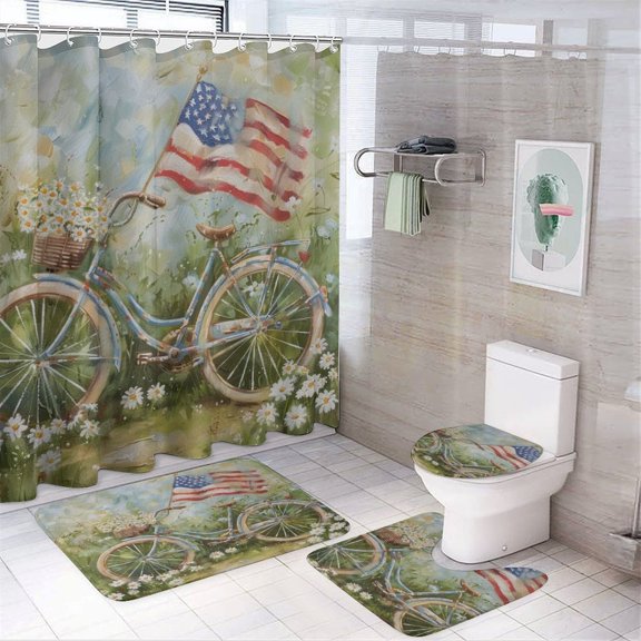4 Piece Bathroom Shower Curtain Sets with Non-Slip Rugs Toilet Lid Cover And Bath Mat Bicycle with An American Flag Waterproof Bath Curtain Beautiful Spring Flowers