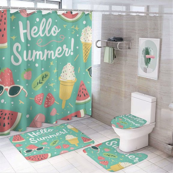 4 Piece Bathroom Shower Curtain Sets Non-Slip Rugs And Toilet Mat Lid Rug Accessories Summer Elements Ice Cream, Watermelon And Sunglasses Waterproof Shower Curtain Watermelon Sweet Summer