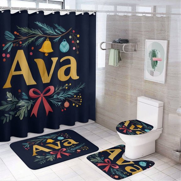 4 Piece Bathroom Shower Curtain Sets Personalised Christmas Tree Baubles Bathroom Sets with Curtain Rug Toilet Cover And U Shaped Mat Custom Name Bathroom Shower Curtains Sets for Bathroom Decor Set