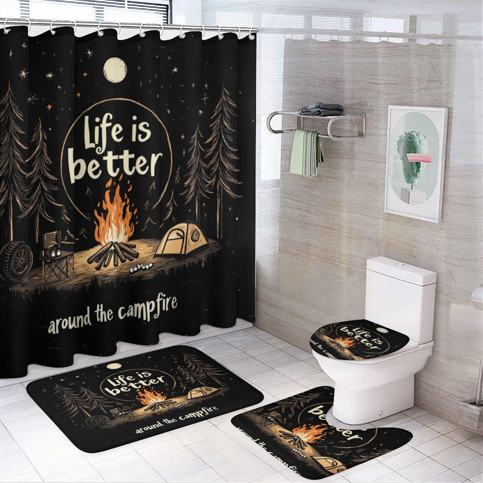 4 Piece Bathroom Shower Curtain Sets with Rugs Include Waterproof Shower Curtain Non-Slip Rug Toilet Lid Cover Bath Mat Life Is Better Around The Campfire Durable and Waterproof Forest Wildlife