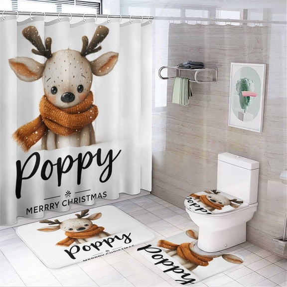 4 Piece Bathroom Shower Curtain Sets with Rugs Toilet Lid Cover And Bath Mat Personalised Reindeer Star Waterproof Durable Bathroom Decor Shower Custom Name for Bathroom Decor