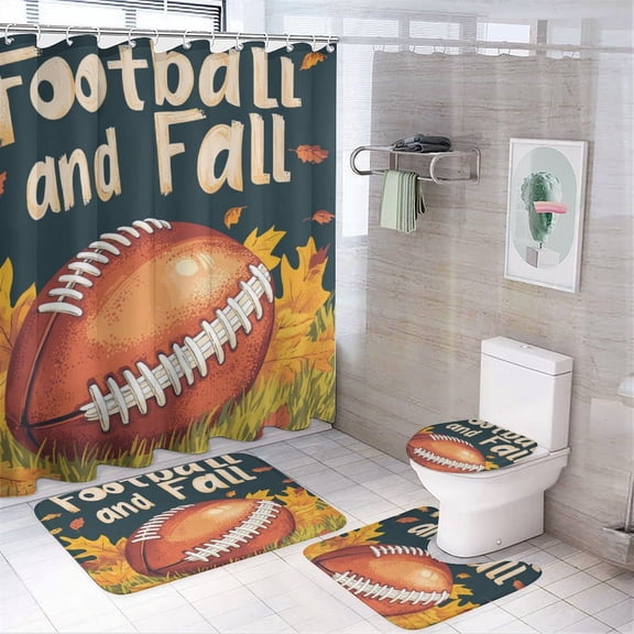 4 Piece Bathroom Shower Curtain Sets Shower Curtain And Rugs Shower Curtain Set Fall And Football Autumn Leaves Waterproof Fabric Bath Curtain Fall Football Pumpkin Seasonal Autumn for Bathtub Decor