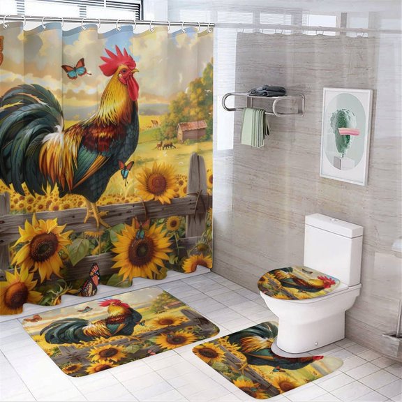 4 Piece Bathroom Shower Curtain Sets Sunflower Cock Chicken Rooster Vintage Country Farm Style with Non-Slip Rugs, Toilet Lid Cover and Bath Mat Cock Chicken Rooster Yellow Floral Bathroom Decor Set