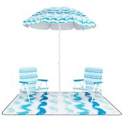 4-Piece Beach Set - 6.2ft Sun-Proof Umbrella with Tilt, 2 Folding Chairs, and 80"x80" Waterproof Blanket - Blue