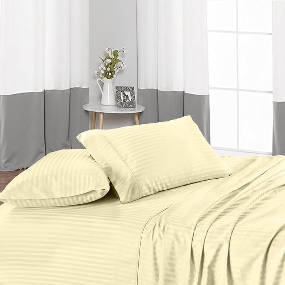 4 Piece Bed Sheet Set – 1 Flat Sheet, 1 Fitted Sheet 18" Deep Pocket and 2 Pillowcases – 100% Egyptian Cotton & 500 TC, Bed Sheet Set For Bedroom – Extra Soft - Ivory Stripe,Queen Size.