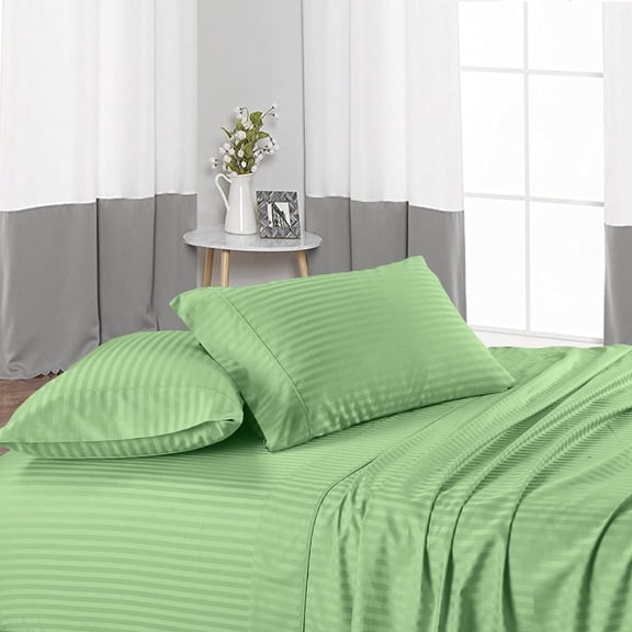 4 Piece Bed Sheet Set – 1 Flat Sheet, 1 Fitted Sheet (18-Inch-Deep Pocket) and 2 Pillowcases – 100% Egyptian Cotton & 400 Thread Count - Sage Stripe,Twin Size.