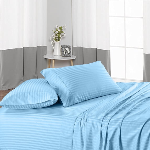 4 Piece Bed Sheet Set – 1 Flat Sheet, 1 Fitted Sheet 18 Inch Deep Pocket and 2 Pillowcases – 100% Egyptian Cotton & 600 Thread Count – Extra Soft & Luxury - Light Blue Stripe,King Size.