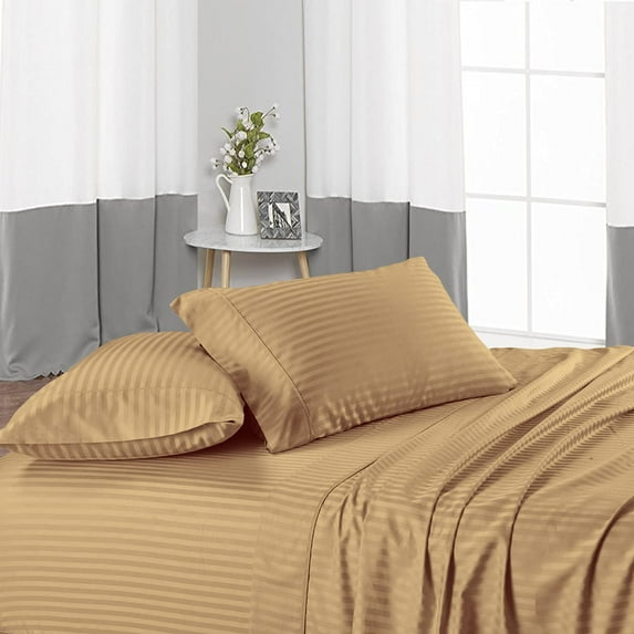 4 Piece Bed Sheet Set – 1 Flat Sheet, 1 Fitted Sheet 18" Deep Pocket and 2 Pillowcases – 100% Egyptian Cotton & 500 TC, Bed Sheet Set For Bedroom – Extra Soft - Taupe Stripe,Full Size.