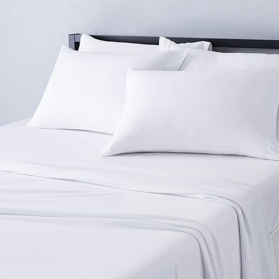4 Piece Bed Sheet Set, 100% Cotton Jersey, Includes Super Soft, Flat and Fitted Sheets, Pillowcase, Full, White, Solid