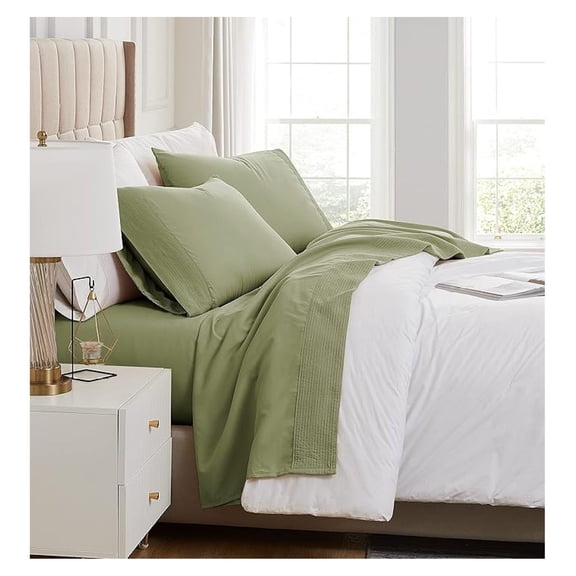 4-Piece Bed Sheet Set, 21-Inch Queen Size Sheet Set Deep Pocket with 1 Queen Fitted Sheet, Pleated Queen Flat Sheet, and Queen Pillow Cases Set of 2, Sage Green Sheets